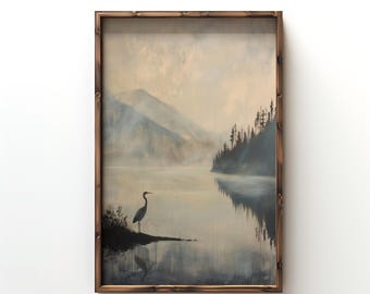 Great Blue Heron Art Print, Dark Vintage Art Print, Rustic Cabin Decor, Muted Lake Painting, Rustic Mountain Wall Art, Heron Bird Painting