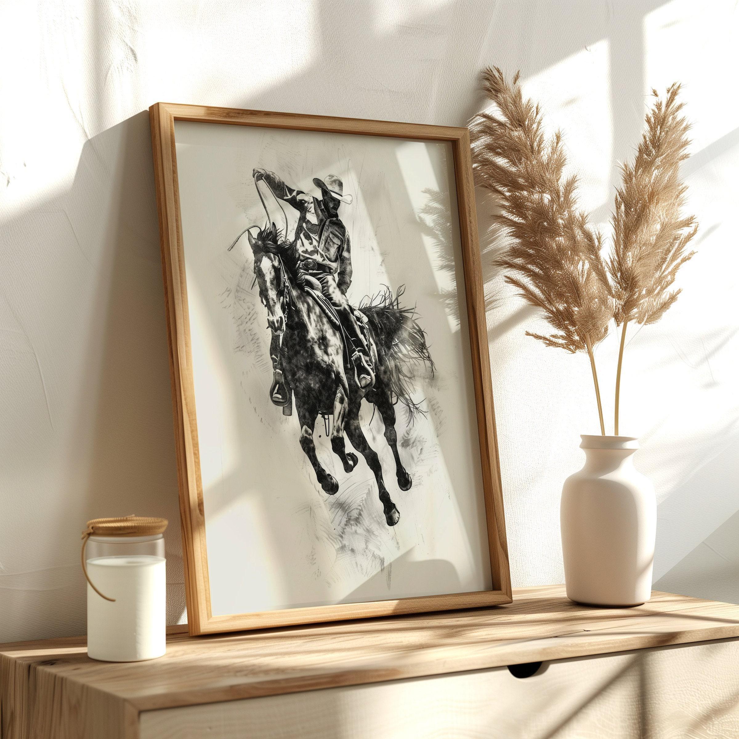 ロデオカウボーイスケッチウォールアート、跳ねる馬の絵