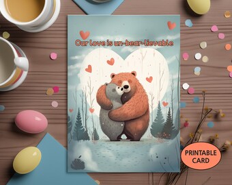 Sweet Bear Embraces Valentines Day - Romantic Bear Art, Love Card Printable, Cute Bear Illustration, Instant Download, Anniversary Gift