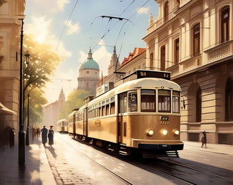 Vintage tram navigating through the historic streets of Prag.