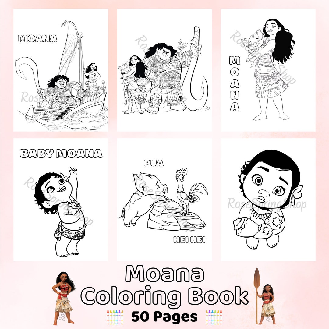 50 Pages Moana Coloring Book, Moana Coloring Sheet, Moana Coloring ...
