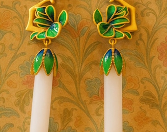 Oriental, Japanese design earrings with enameled flowers and large gems, white quartz. gold-plated clasps Bohemian style