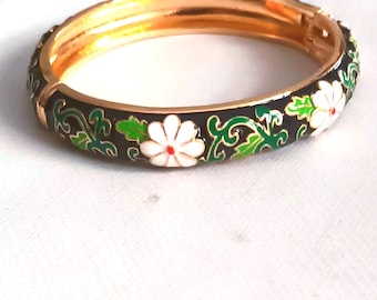 Cloisonne Vintage Bangle Enamel bracelet, Floral Design Black, bohemian style