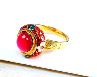 Cloisonne Golden plated Ring Red Gem, Vintage design Multi Coloured enameled ethnic antique design egyptian style ring, Ethnic design