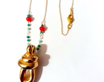 Necklace, Vintage gold, pottery ceramic pendant, sailor's knot handmade in Rhodes Greece, with 24k gold plated chain