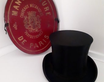 Top hat, folding German 1900 in Spectacular hatbox: Manufactures de Paris, for Sporreuter Berlín. Opera, chapeau Claque  silk Rare