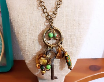 Necklace Secret Garden Vintage Victorian Necklace, steampunk with antique key,egyptian lucky beetle, Murano antique glass, cloisonne...OOAK