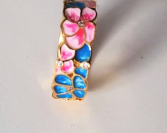 Vintage Cloisonne Ring, enameled, floral flower Cherry Blossom In Color Blue and Rose Design Art Nouveau Size 8