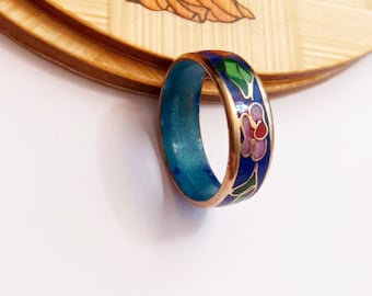 Vintage Cloisonne Ring, enameled, floral flower Cherry Blossom, in Cobalt Blue Gift For Christmas.