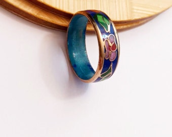 Vintage Cloisonne Ring, enameled, floral flower Cherry Blossom, in Cobalt Blue Gift Design Art Nouveau Size 8