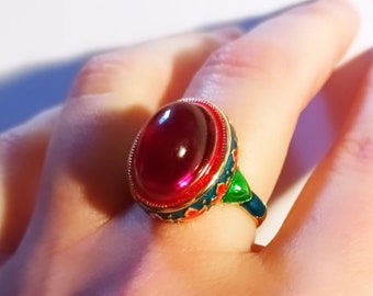 Cloisonne Golden plated Ring Red Gem, Vintage design Multi Coloured enameled ethnic antique design egyptian style ring