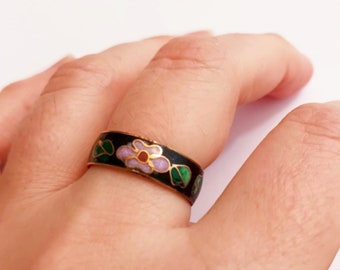 Vintage Cloisonne Ring, enameled, BLACK Model floral flower Cherry Blossom, Black, Gift, Bohemian enamel ring Art Nouveau Size 7