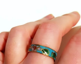 Vintage Cloisonne Ring, enameled, floral flower Cherry Blossom In Color Turquoise Blue Size 6,5