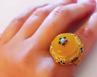 Vintage Cloisonne Golden plated Ring whit natural Gem, Multi Coloured enameled Handmade ethnic antique design egyptian style ring