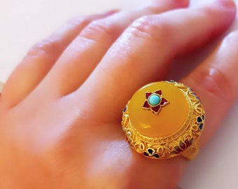 Vintage Cloisonne Ring: Handgemachte Emaille, 14k vergoldet, Verstellbar