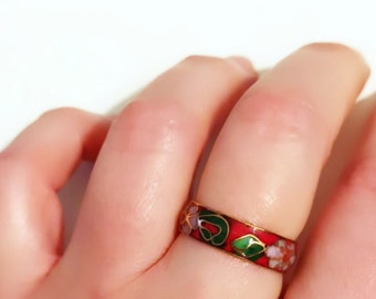 Vintage Cloisonne Ring, enameled, floral flower Cherry Blossom In Color Red Size 7