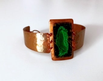 Vintage enamel bracelet Cuff copper Enameled in Emerald green from Germany 70's