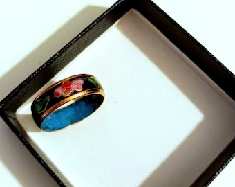 Vintage Cloisonne Ring, enameled, floral flower Cherry Blossom, black