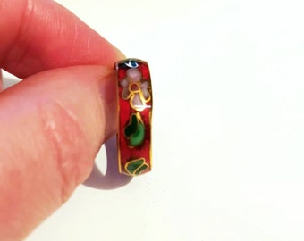 Vintage Cloisonne Ring, enameled, floral flower Cherry Blossom In Color Red
