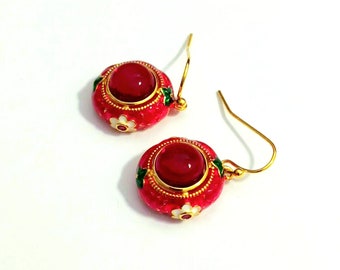 Earrings Golden plated enameled, vintage design Red Gem, Coloured enameled ethnic antique egyptian style