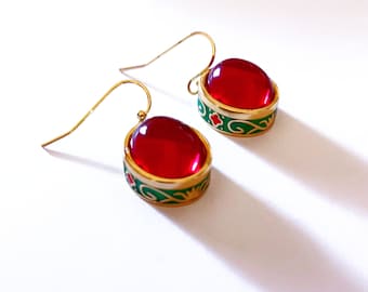 Earrings Golden plated enameled, vintage design Red Gem, Coloured enameled ethnic antique egyptian style