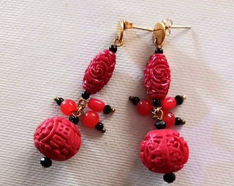 Red earrings with carved Cinnabar asian and Czech glass beads japanese style