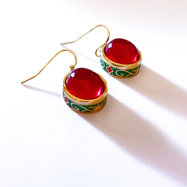 Earrings Golden plated enameled, vintage design Red Gem, Coloured enameled ethnic antique egyptian style
