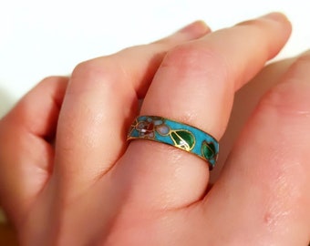 Vintage Cloisonne Ring, enameled, floral flower Cherry Blossom In Color Turquoise Blue
