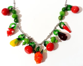 Vintage Murano Glass Fruit charms, Tutti Frutti glass beads, Carmen Miranda Necklace. Silver plated chain