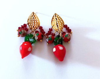 red chandelier earrings with Murano glass strawberries, floral enameled cloisonne