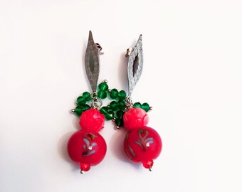 Earrings Artdeco, ceramic floral beads coral and green,Japanese resin lotus flowers romantic style,