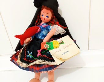 Vintage Folk Art Doll handmade from Portugal, Mascotes De Maria Helena  Artist Doll, Original Tags, Mid Century Traditional 1950s