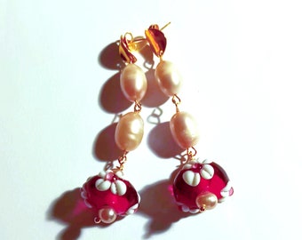 Maxi Earrings with Vintage Murano plum floral beads, and vintage pearls. Bohemian style, Wedding earrings, romantic