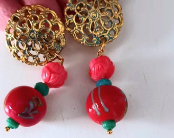 Earrings Artdeco, ceramic floral beads coral and green,Japanese resin lotus flowers romantic style,