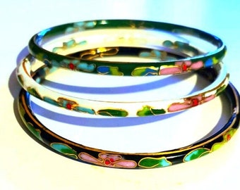 Lot 3 Cloisonne Vintage Bangle Enamel bracelets, Floral Design Black, White and Green, bohemian style