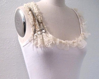 Victorian Chain Top White, whit vintage lace, satin buttons rhinestones chains, tulle and romantic style. Handmade design Size M