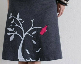 Gray cotton midi skirt with embroidered Japanese bird