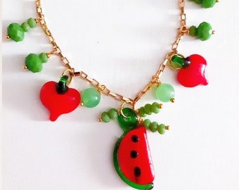 Vintage Murano Glass charms fruits, red fruits Necklace. Gold plated chain