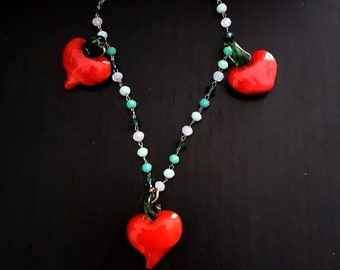 Necklace with vintage Murano glass heart pendant pendant and glass chain in greenwater color in degrade
