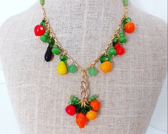 Vintage Murano Glass Fruit charms, Tutti Frutti glass beads, Carmen Miranda Necklace. Gold plated chain