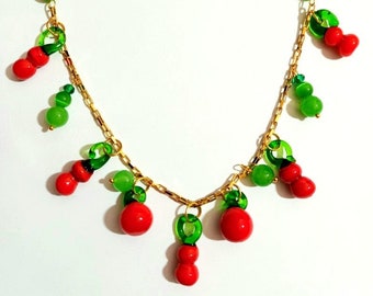 Vintage Murano Glass charms fruits, Red fruits Necklace. Gold plated chain Bohemian style