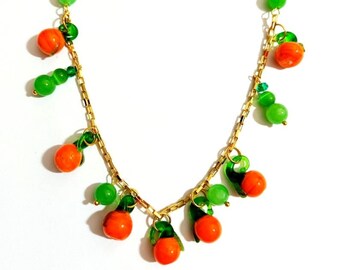 Vintage Murano Glass charms fruits, Orange fruits Necklace. Gold plated chain