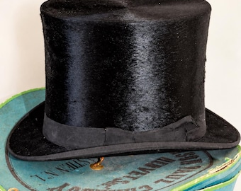 Antique Classic Top Hat Black Beaver Silk Hat KNOX HATS Steampunk