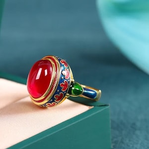 Cloisonne Golden plated Ring Red Gem, Vintage design Multi Coloured enameled ethnic antique design egyptian style ring