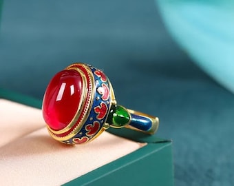 Cloisonne Golden plated Ring Red Gem, Vintage design Multi Coloured enameled ethnic antique design egyptian style ring