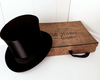 Top hat, folding German 1900 in Spectacular hatbox: Fabric W. Hartling Zwickau  Opera, chapeau Claque Silk  Victorian