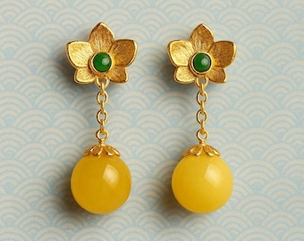 Earrings Chandelier floral, Art Nouveau design with Mustard Gem vintage, gold plated, romantic Bohemian style