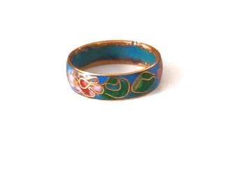Vintage Cloisonne Ring, enameled, floral Cherry Blossom Color Blue Design Art Nouveau Size 8