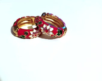 Cloisonne hoop Earrings, enamel earrings in Red color, Cloisonne earrings, floral gold plated