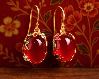 Red Floral Cloisonné Earrings | Gold Enamel Drop Earrings | Art Nouveau Jewelry | Romantic Vintage Style
